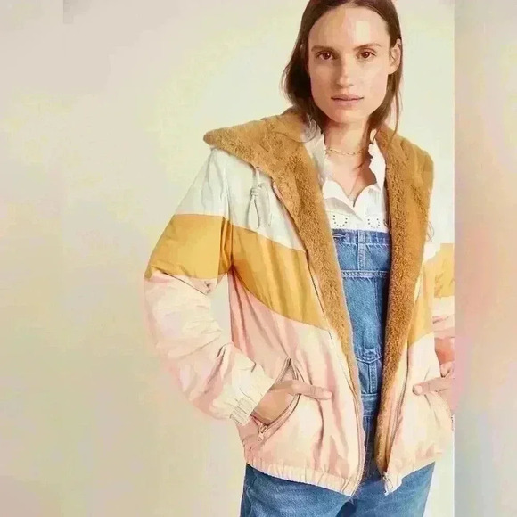 Anthropologie Kacie Colorblocked Reversible Fur Parka‎ Size XXS - Picture 2 of 7